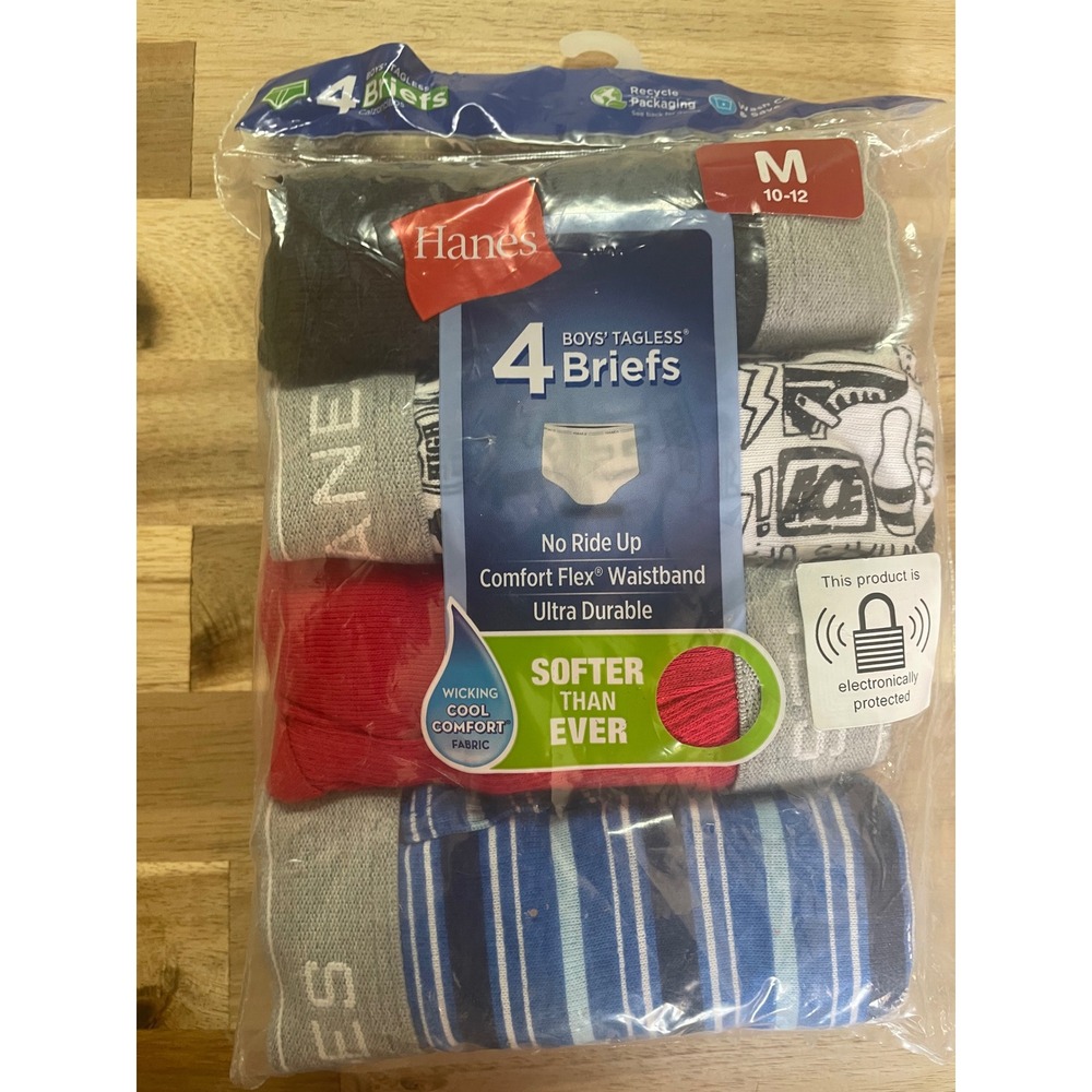 Hanes Boys Tagless Briefs 4 Pack Size M 10-12 Multicolor Cotton Underwear New